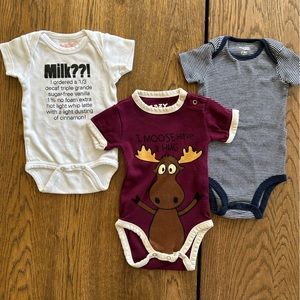 Set of 3 Short Sleeve Onesies: Coffee Joke, Moose Pun and Blue Stripes